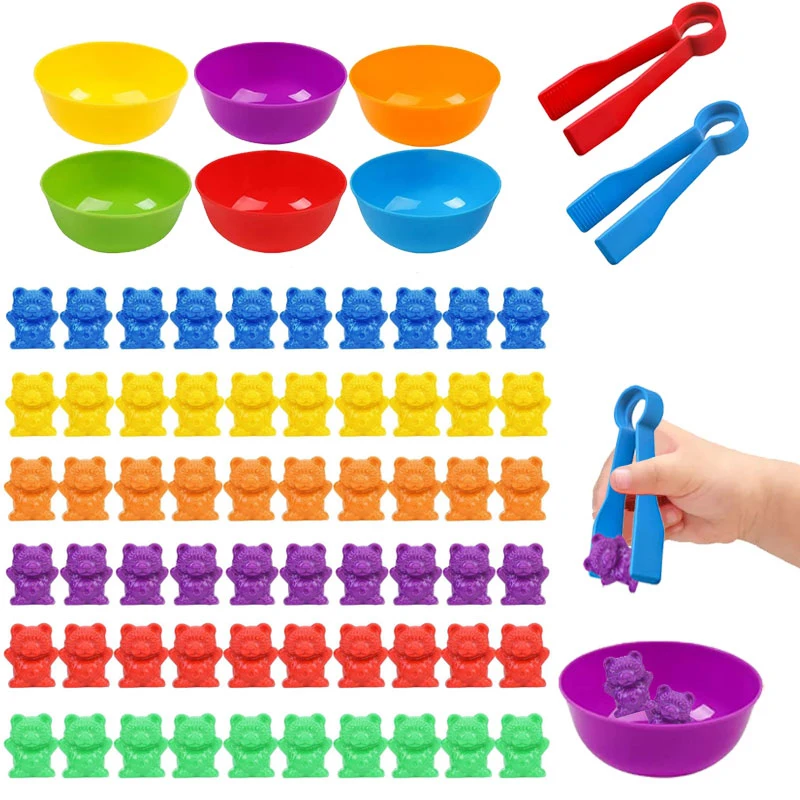 Counting Bears Matching Games Color Sorting Bowls Tweezers Preschool Learning Education Montessori Gift Toys for Kids Girls Boys