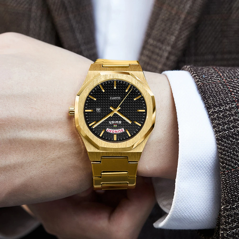 SWISH Luxury Yellow Gold Polygon Watch for Men Quartz Business Relogio Masculino Week Date Display Business Dress Clock 2023