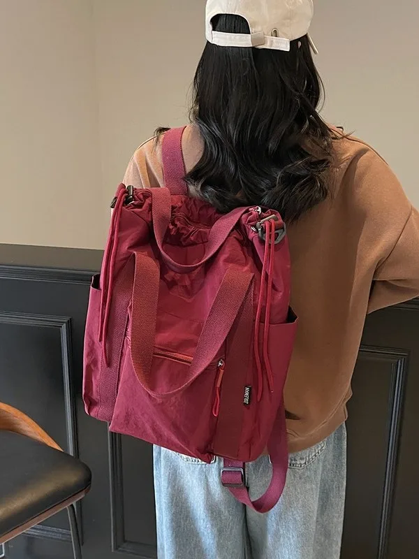 Multifunctional Convertible Drawstring Backpack Tote Women Wear Resistant Nylon Large Work Travel Light Handbag