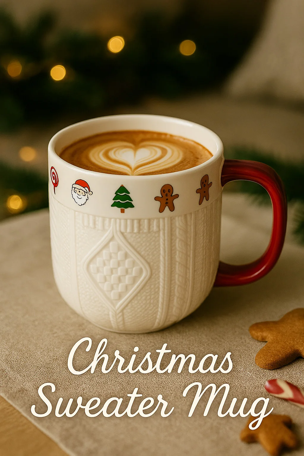 

380ml Christmas Sweater Ceramic Mug with Festive Holiday Icons – Red Handle Coffee & Tea Cup Gift for Winter and Xmas