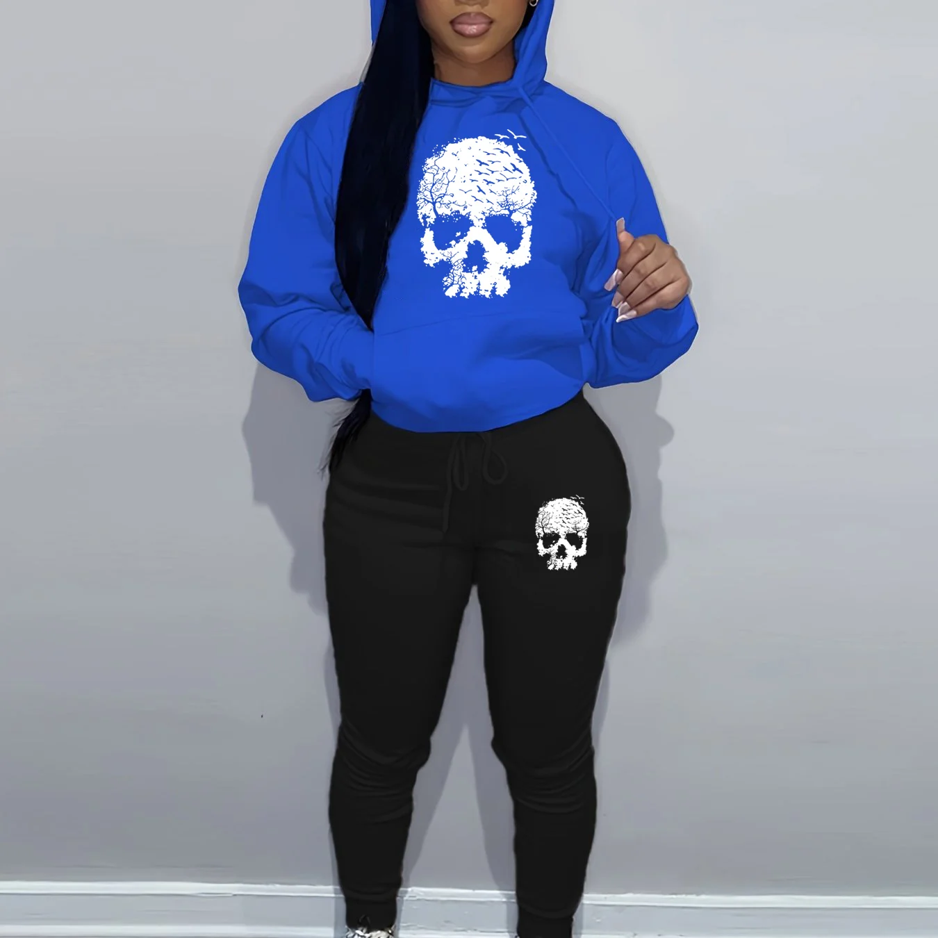 المرأة الخريف والشتاء عارضة أزياء فضفاضة الهيب هوب الشارع الجمجمة نمط مطبوعة الدافئة هوديي + السراويل الرياضية مجموعة