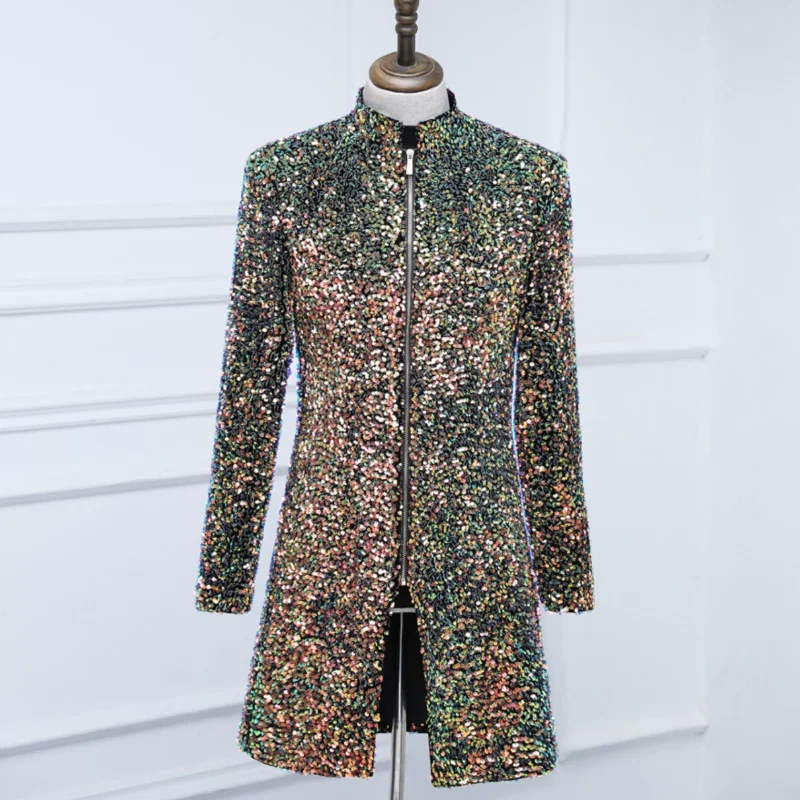 Men's Singer Colorful Sequin Runway Trench Coat Performance Jacket