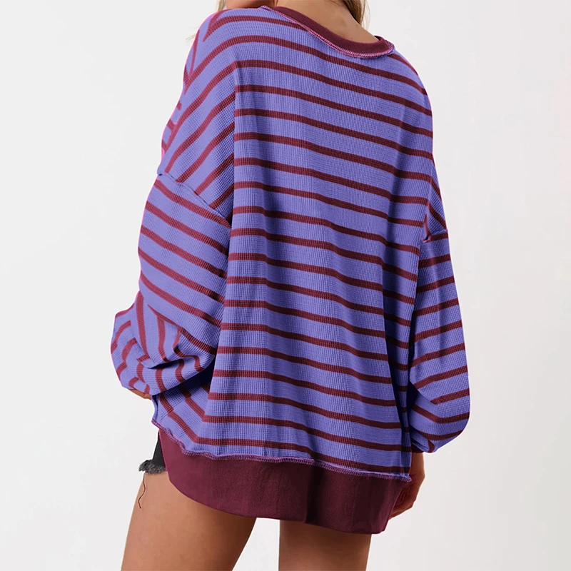 Fall Trendy Women’s Striped Colour Block Waffle Sweatshirts Henley Button Up Contrast Oversized Pullover Casual Y2K Streetwear