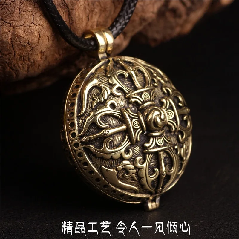 Nepal Handmade Vintage Openable Round Brass Gau Box Pendant Necklace Unisex Tibetan Style Daily Wear Spiritual Amulet Jewelry