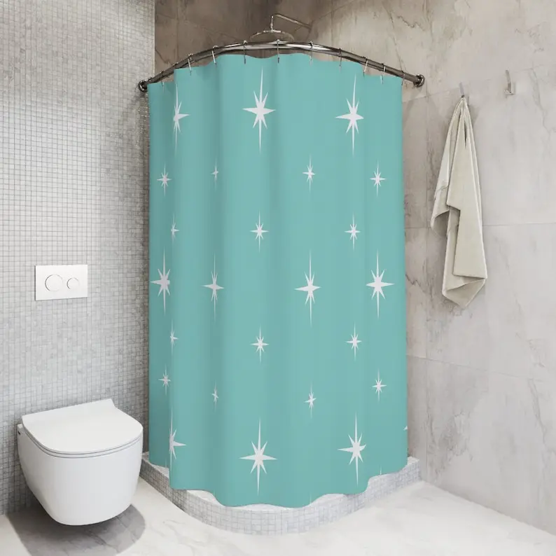 Retro Mid Century Modern Atomic Starburst Shower Curtains in Vintage Turquoise and White
