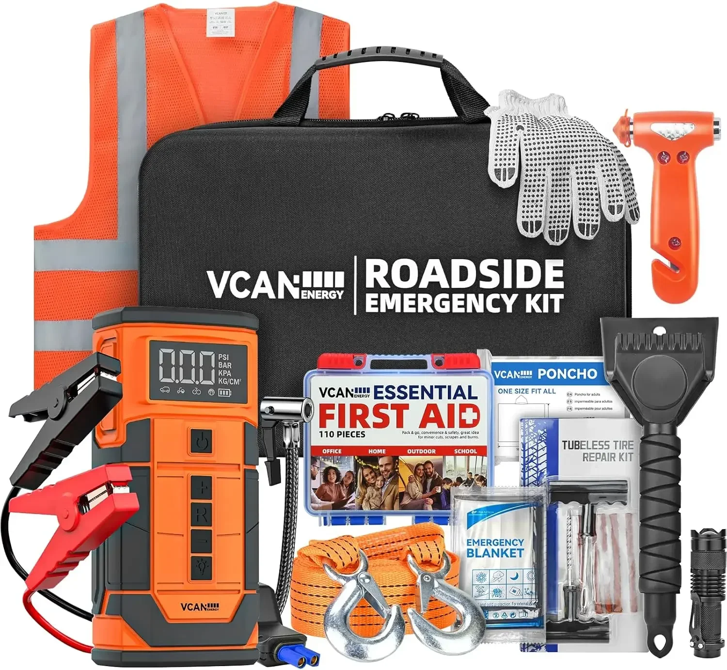 Jump Starter with Air Compressor, Roadside Emergency Car Kit with 12V Portable Battery Jump Starter & Tire Inflator for Cars, Tr