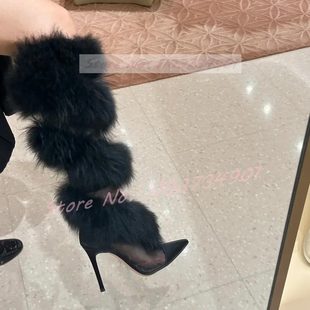

Mesh Cross Furry Knee Length Boots Women Fashion Praty Satin Rointy Toe High Heels Shoes Female Fashion Nightclub Big Size Boots