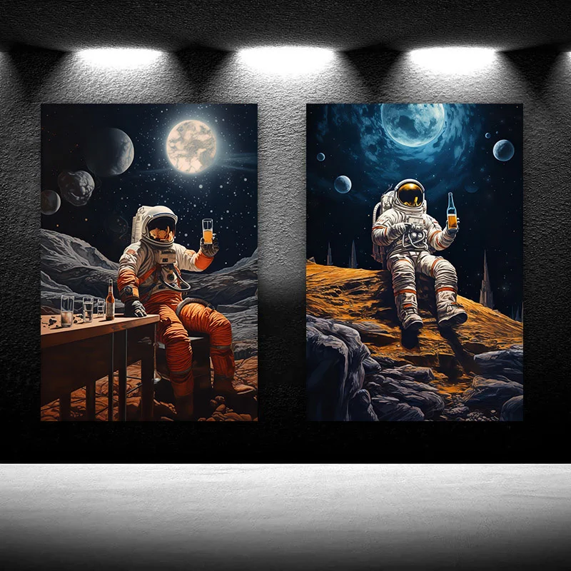 Modern Astronaut Posters Astronaut with Beer on Moon Bar Canvas Paintings Astronauts Playing Poker in The Space Mural Home Decor