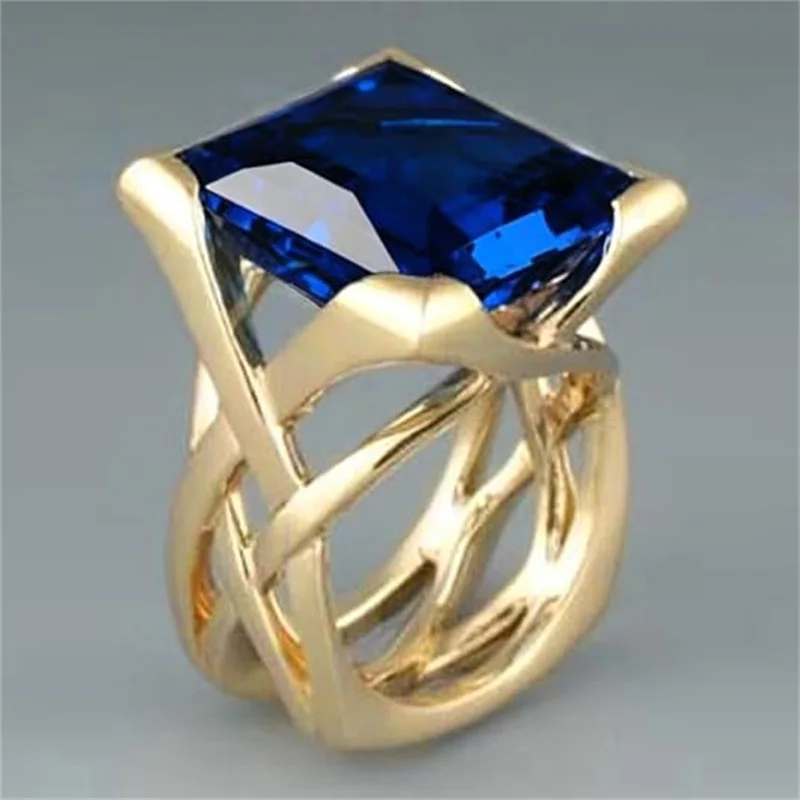 Huitan Ring mit hohlem Kreuz-Design für Damen, goldfarben, mit leuchtend weiß/blauem CZ, modisches Hochzeitszubehör, eleganter Partyschmuck – Detail 18