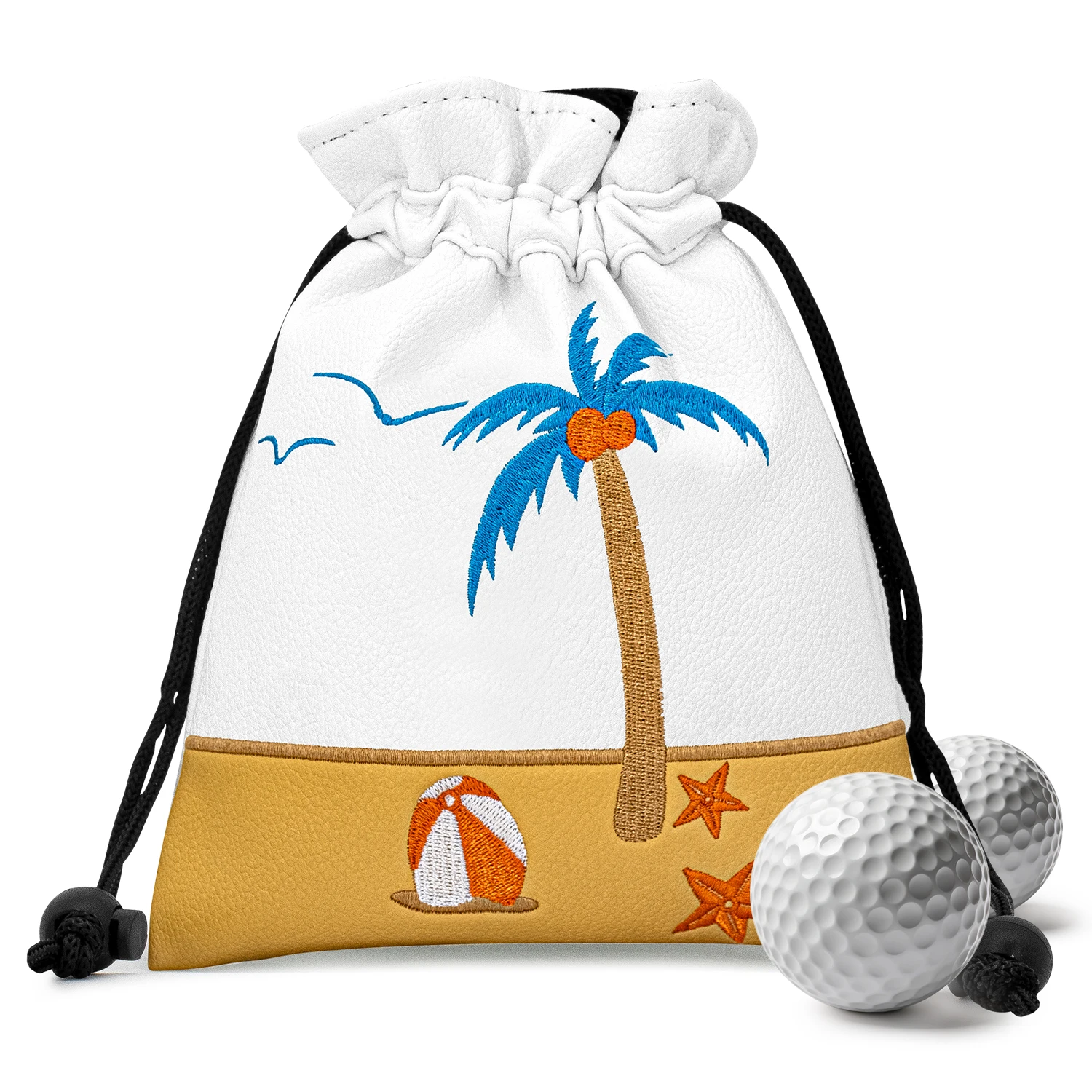 1PC Coconut Tree Beach Pattern Drawstring Pouch with Metal Carabiner Clip, Lightweight Storage Bag