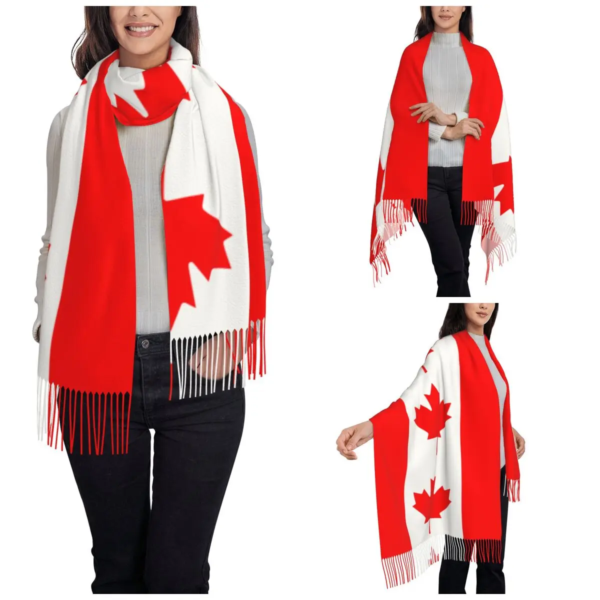 Flag Of Canada Scarf for Women Warm Winter Pashmina Shawls and Wrap Large Scarves with Tassel for Daily Wear