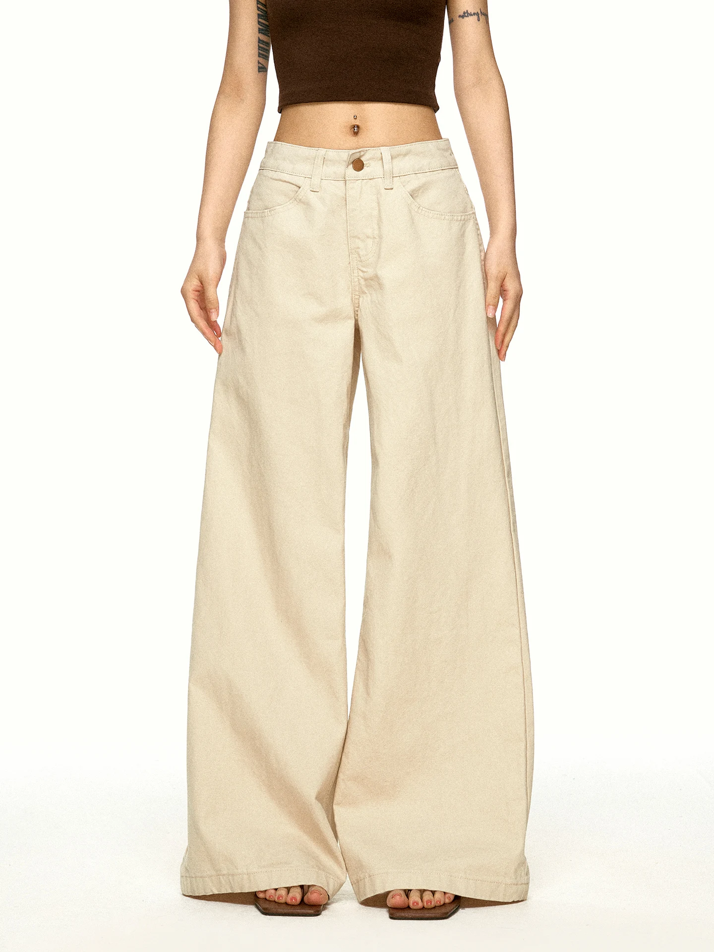 Aaisup Low Waist Ruffle Back Pocket Wide Leg Jeans Women's Loose Slimming Floor Length Pants Autumn Season Ladies Jeans