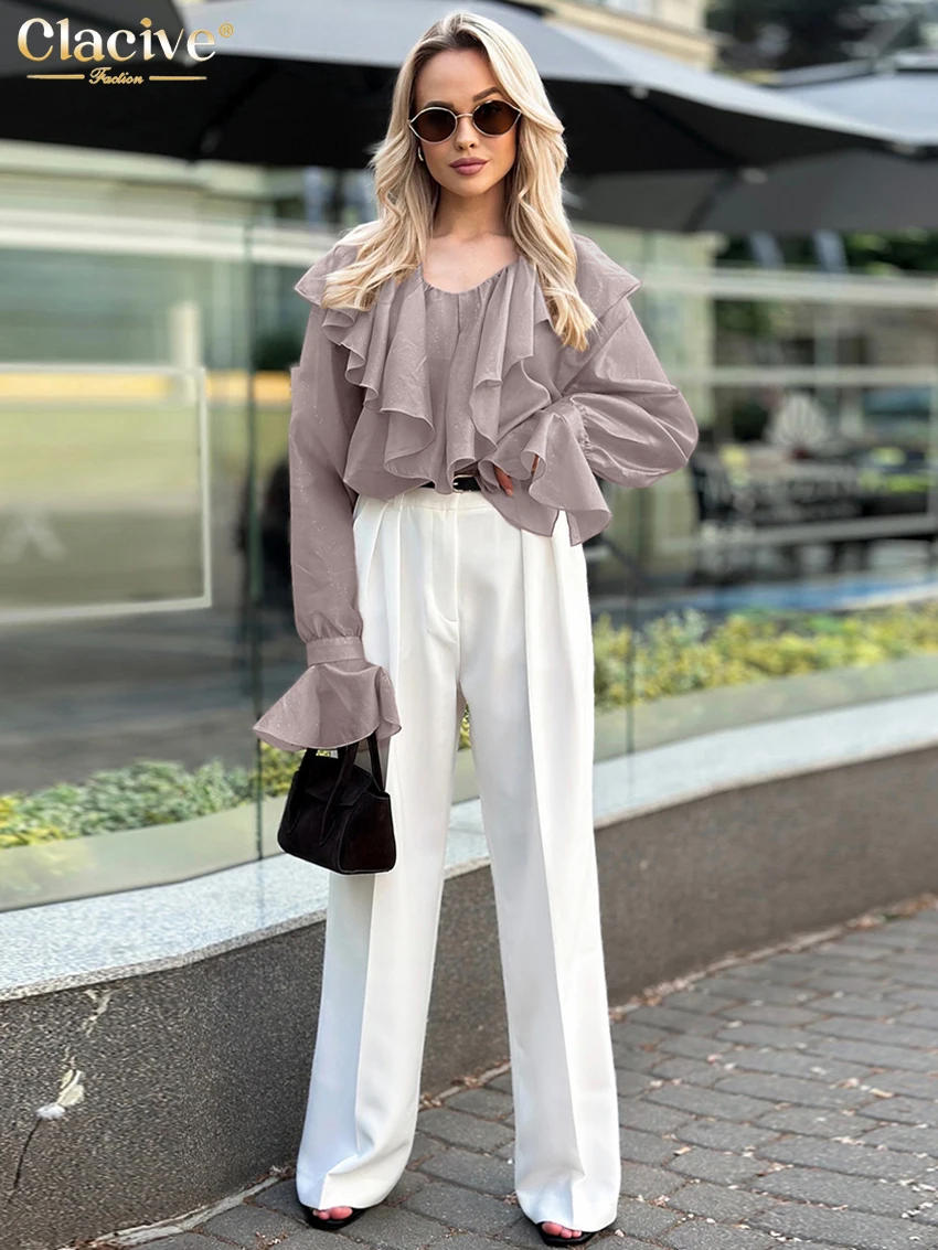 Clacive Fashion Loose Khaki Women's Shirt 2025 Casual V-Neck Long Sleeve Shirts Elegant Classic Ruffles Tops Female Clothing
