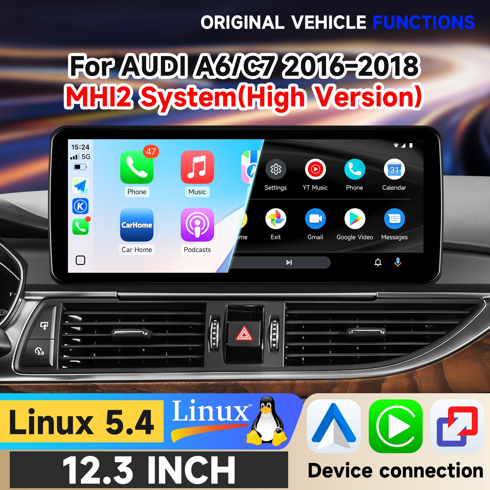 Hizpo 12,3" Linux-Bildschirm für Audi A6 C6 A7 C7 2016-2018 mit Wireless CarPlay, Android Auto, Airplay, Autoradio-Player, Stereo, GPS-Navigation, Audio, Original-Auto-CD-Player,