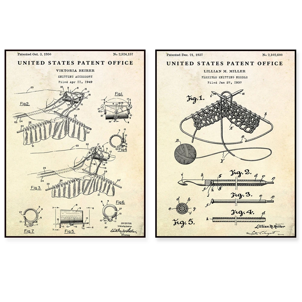 Knitting accessories 1950, flexible knitting needle patent, knitting invention poster, sewing, knitting blueprint art