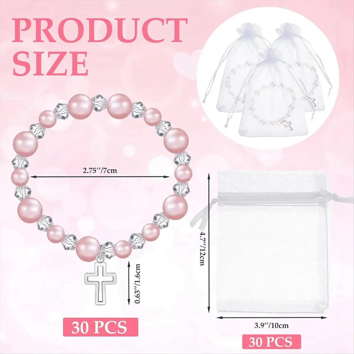 

【БЕСПРОДАЖА】60 шт. сувениры для крещения для девочек включают 30 браслетов с розовым жемчугом и распятием 30 сумок из органзы, эластичные четки