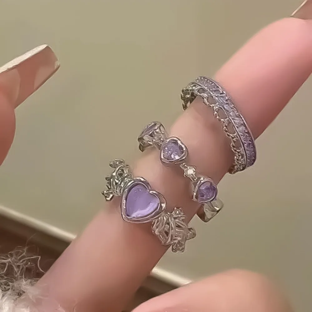 3pcs/set Fashion Y2K Irregular Heart Rings Kpop Purple Crystal Open Ring Punk Creative Jewelry Gift