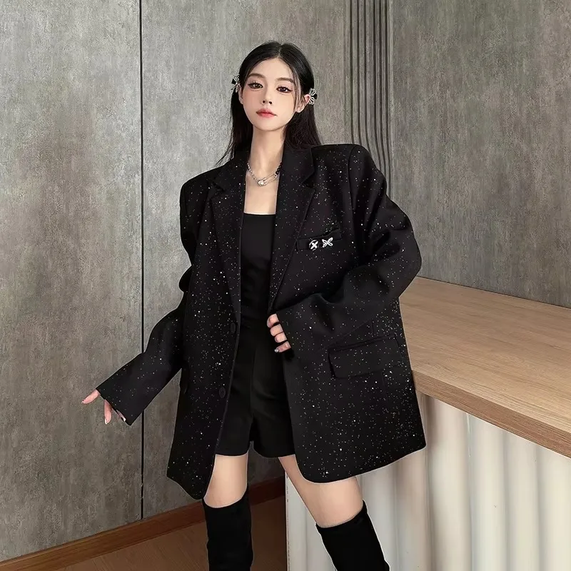 Spring/Autumn Design Black Suit Jacket Woman Hot Stamping Shiny High-end High Quality Women's Blazer Clothing