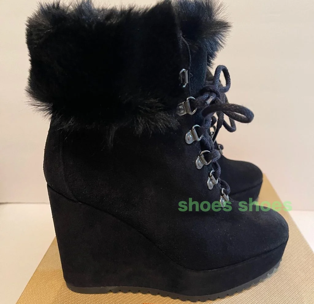 

Женские ботильоны на танкетке с черным мехом и шнуровкой на платформе, теплые гладиаторы в стиле ретро на шнуровке с перьями, сексуальные ботинки, размер 34-46