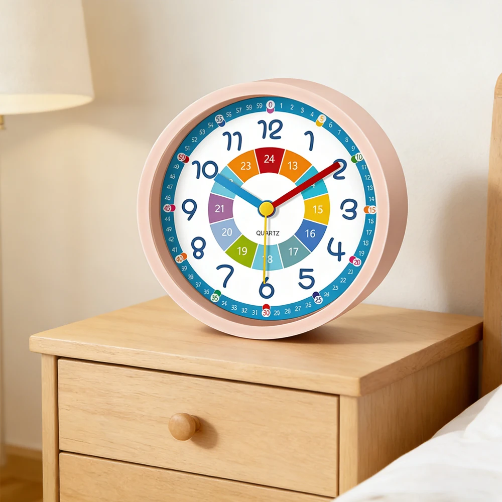 Early Education Alarm Clock Round  Frame Cartoon Silent Bedside Table Wake-up Tool Learning Time Clock For Bedroom Office Decor