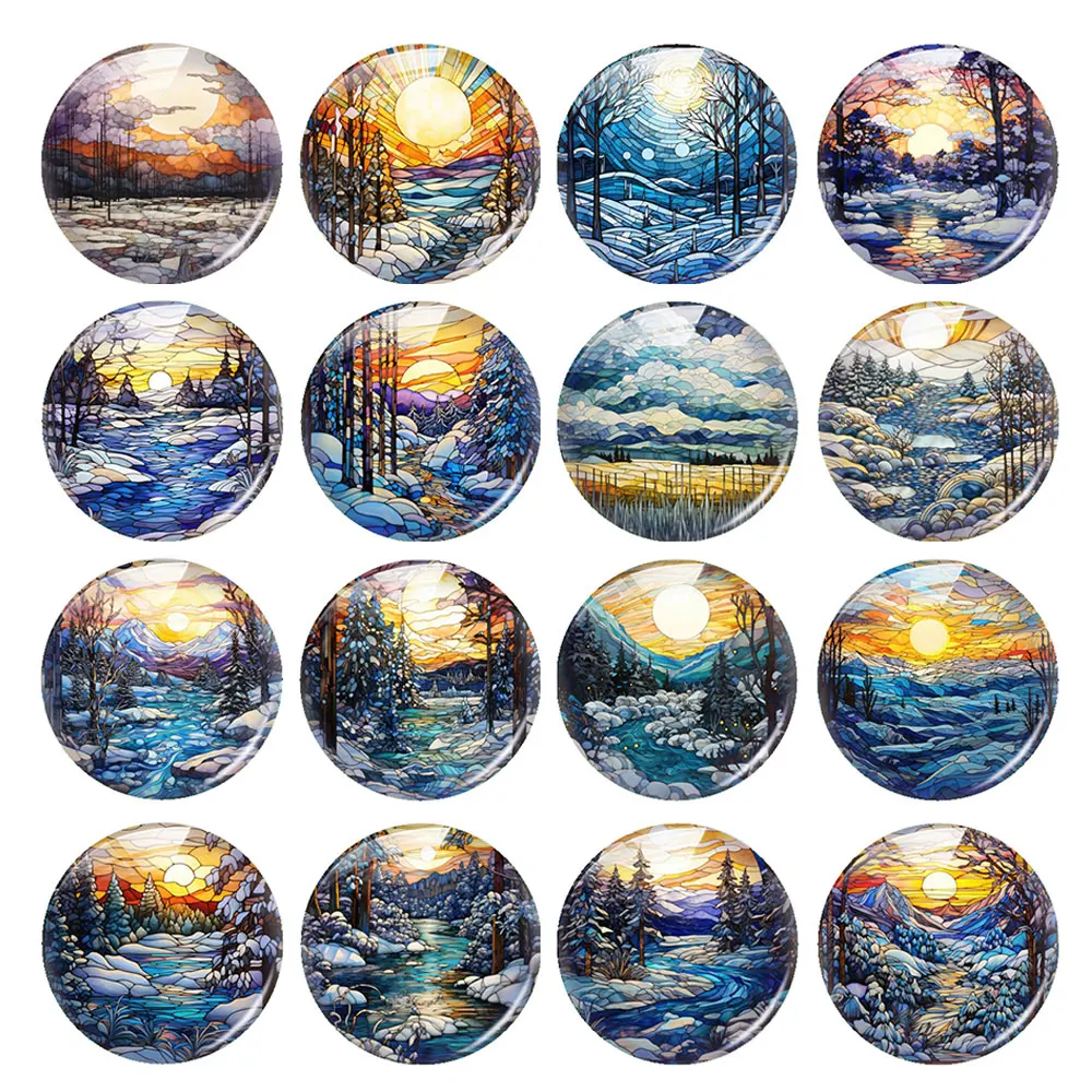 Handmade Snow Winter Sunset Sunrise Wild Forest Round Photo Glass Cabochon Flatback Demo Flat Back Cameo For Diy Jewelry Making