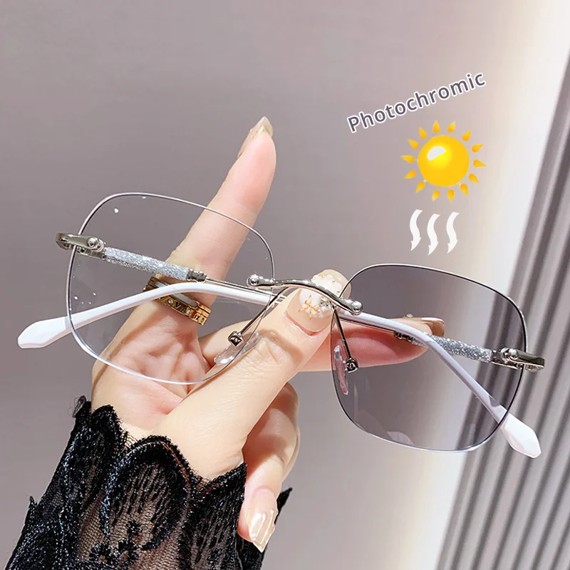 Women's Glasses Myopia Photochromic Sunglasses Rimless Prescription Glasses Graduated Optical Lenses Transparent Glasses Minus
