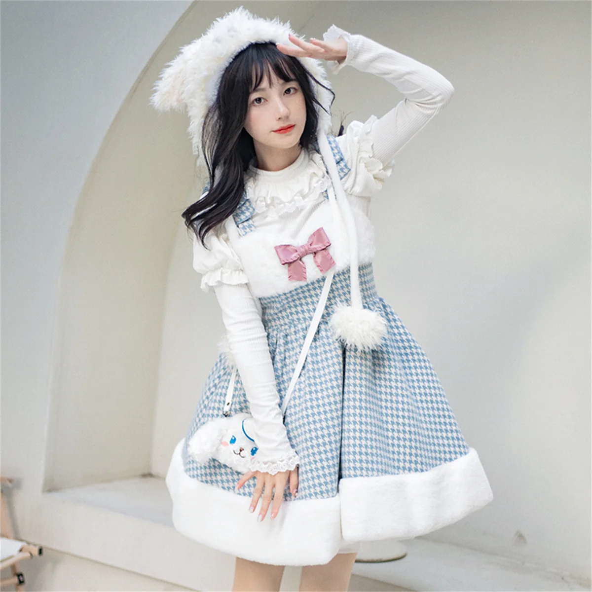 Japanischen Süßen Stil Lolita Jsk Cosplay Kawaii Mädchen Fluffy Warm Grid Nette Bowknot Hohe Taille Winter Verdicken Warme Kleid