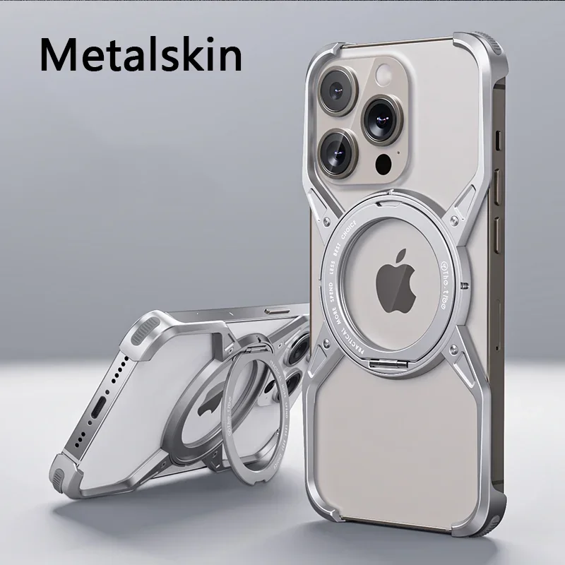 Metal Aluminum MagSafe Stand Phone Case For iPhone 13 14 15 Pro Max Magnetic Luxury Hollow Rimless Shockproof Bumper Phone Cover