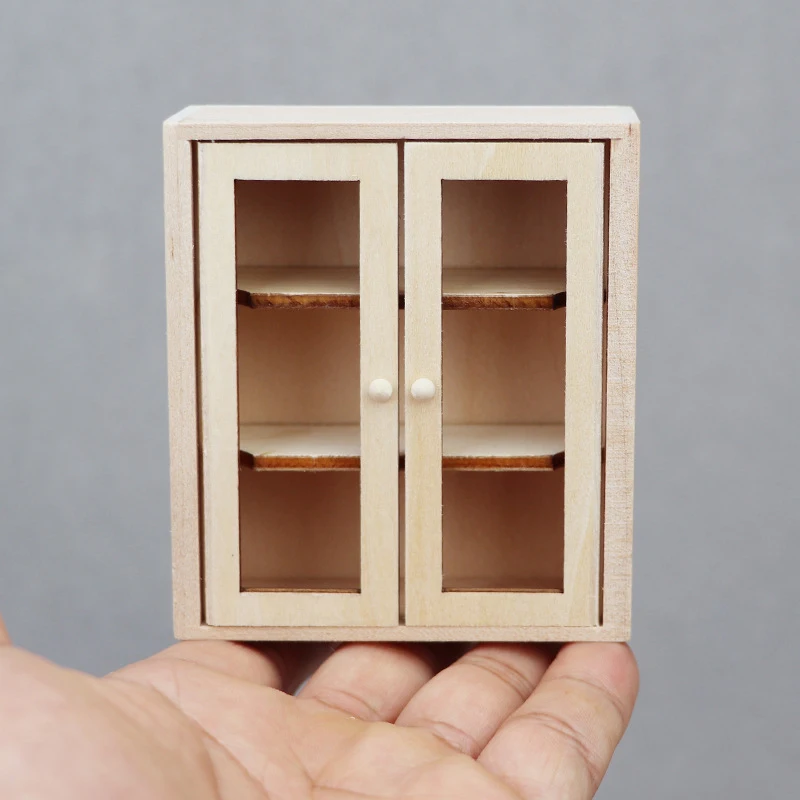 1:12 Dollhouse Miniature Double Door Cabinet Bookcase Storage Rack Mini Wooden Wall Mounted Display Shelf Furniture Model Toys