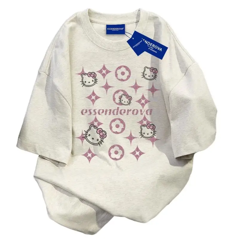 Hot Summer Cartoon Hello Kitty Trend Women Tshirt Cute Japanese Letter Printing Breathable Personality Round Neck Top T Shirt