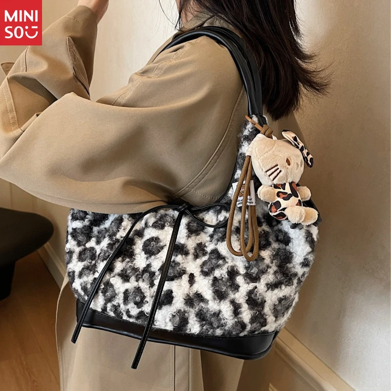Bolso de mano de leopardo coreano Miniso, bolso de hombro con asa de lazo de felpa para ir al trabajo