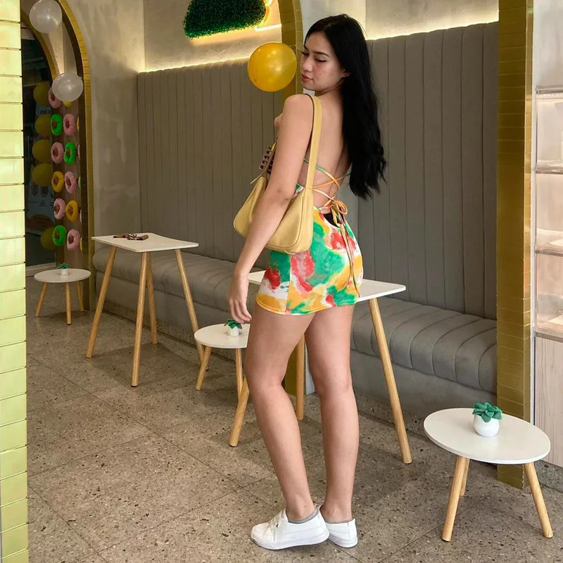 

Women's new2025Summer Hot Sale Tie-Dye Short Dress Sexy Tie-Back Strap Dress for Women