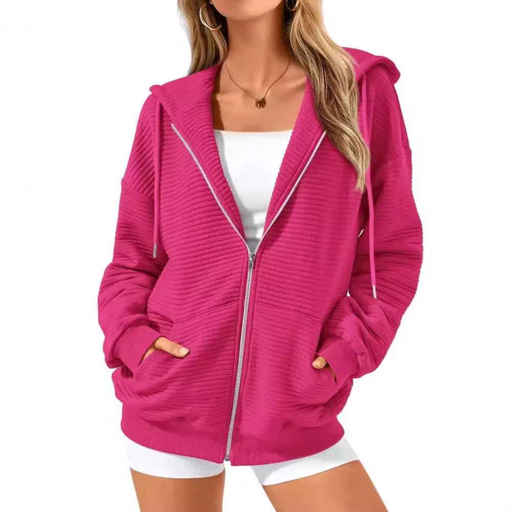 Women Striped Hoodie Women's Thickened Sport Jacket with Drawstring Hood Zip-up Closure for Fall Winter Featuring Long for Daily