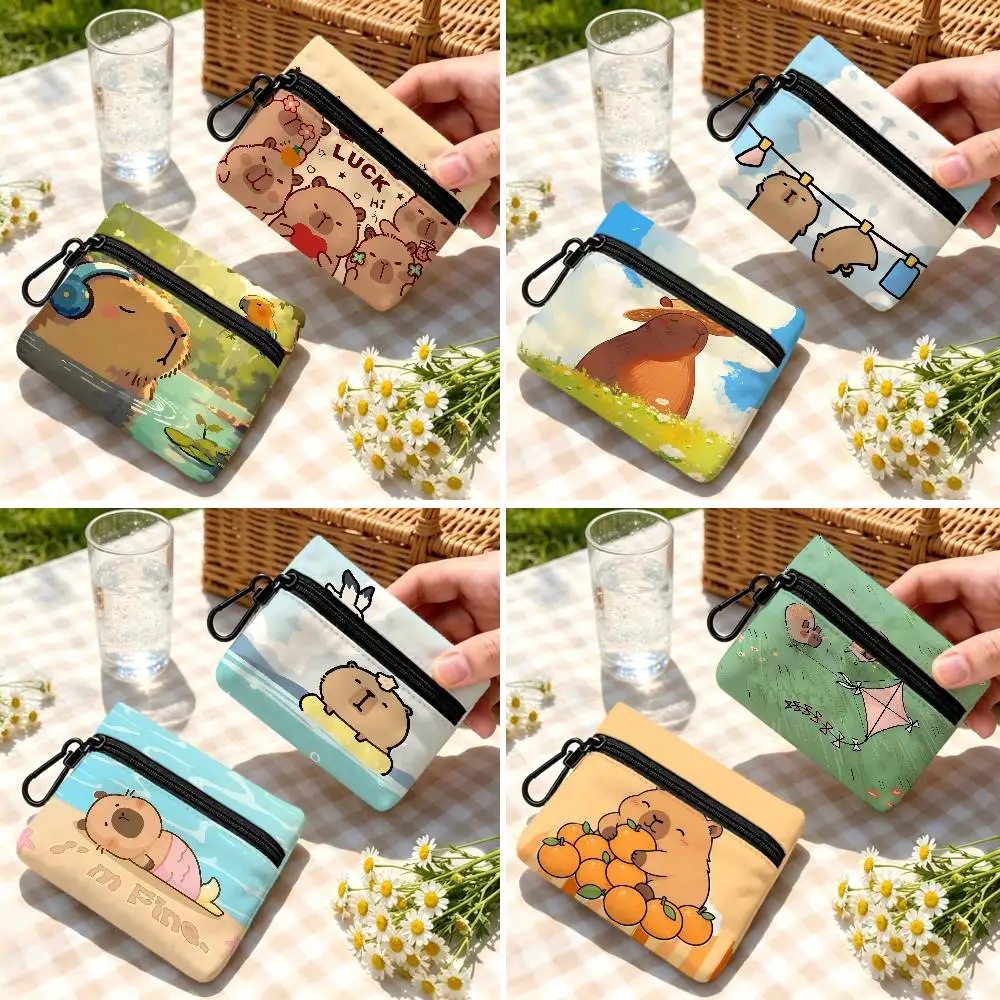 Cute ARelaxing-Capybaras Cloth Coin Purse With Carabiner Hook Portable Key Card Wallet Small Zipper Storage Pouch
