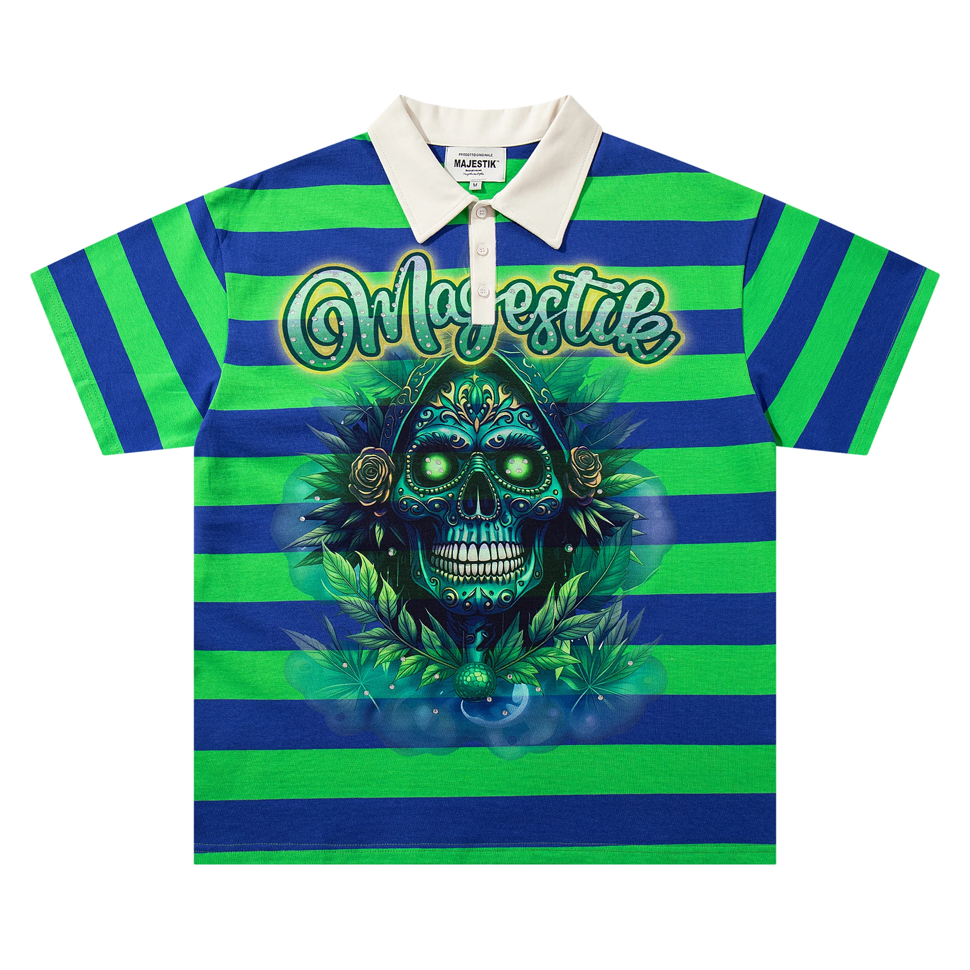 Striped Sugar Skull Polo Shirt for Men Rhinestone Letter Graphic Tshirt Tee Vintage Casual Short