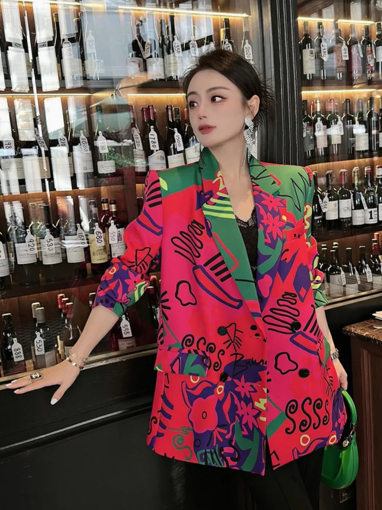 Blazer Women Korean Fashion Long Sleeve Printing Casual Lapel Chic High Street Elegant Temperament Women Blazer Streetwear