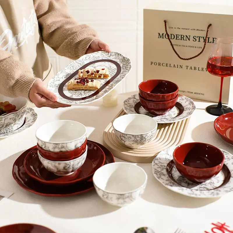 Original Chinese Ceramic Tableware Festive Red Tableware Wedding and Housewarming Gifts Dishes and Plates Set Gift Box Packaging