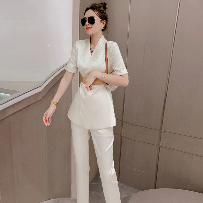 Women's Spring Retro Casual Short-sleeved Satin Blazer Wide-leg Pants Sets French Commuter Waist Blazer Trousers Two-piece Sets