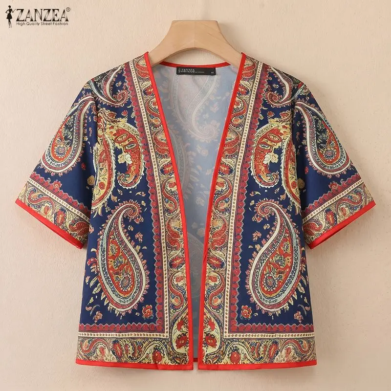 ZANZEA 2026 Summer Paisley Print Short Cardigans Women Open-Front Short Sleeve Shirts Vacation Casual Beach Cover-Up Tops 3