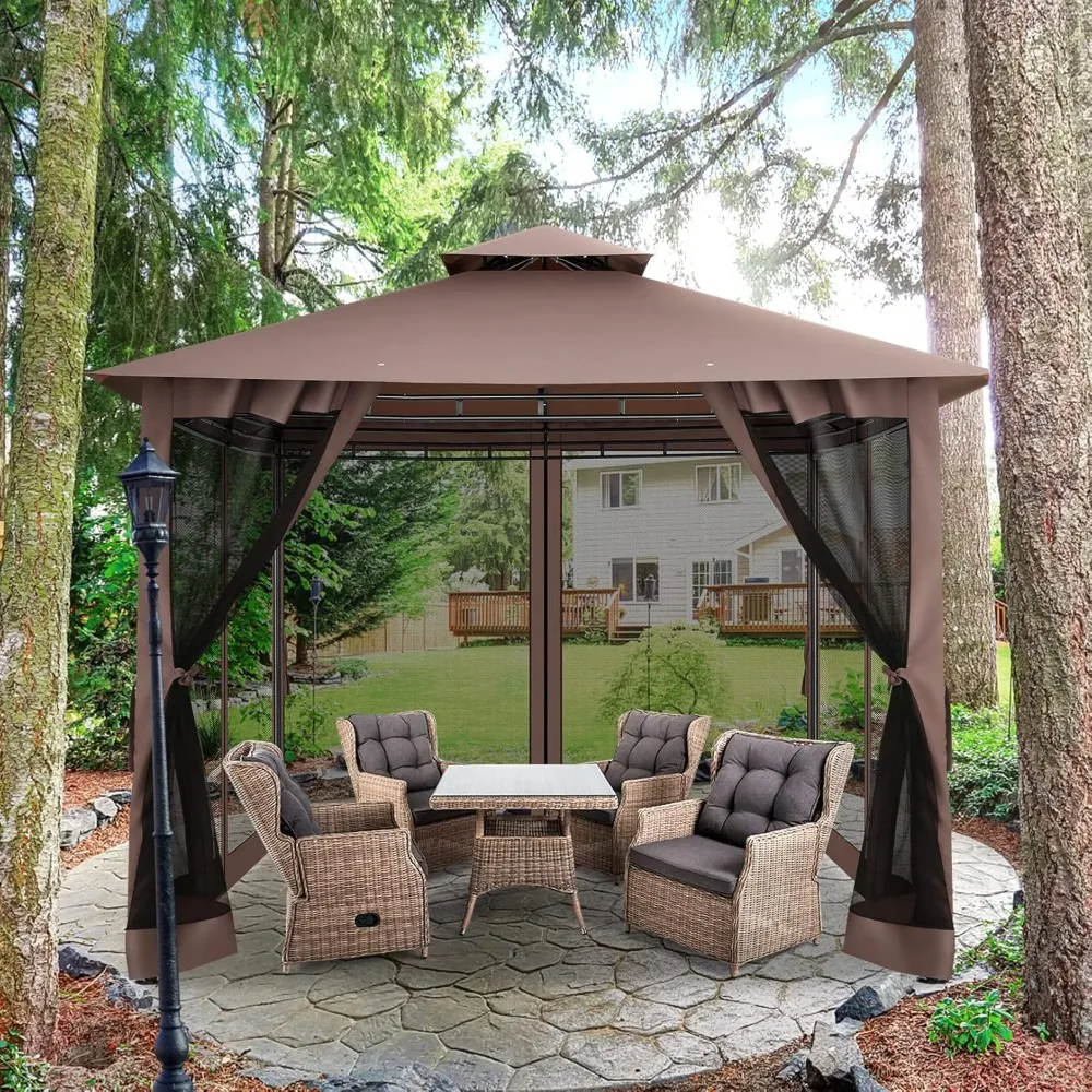 

10x10 Heavy Duty Gazebos with Improved Nettings Outdoor Gazebo Double Roof Patio Gazebos with Metal Steel Frame, Outdoor Pergola