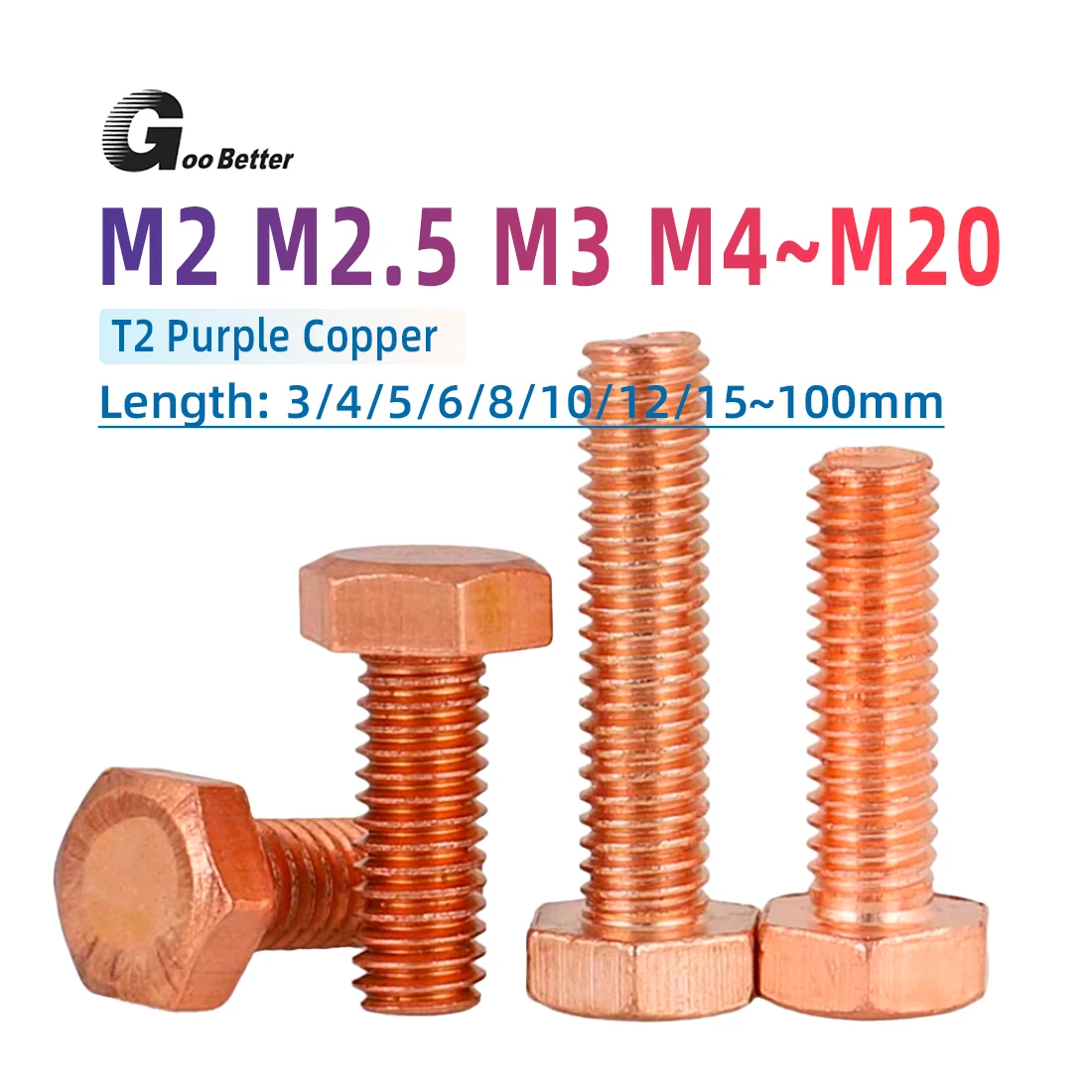 T2PureCopper Outer Hexagon Screw Set Conductive Red Copper Copper Conductivity Bolt Double Head Electrolytic Copper Bolt M3 ~M20