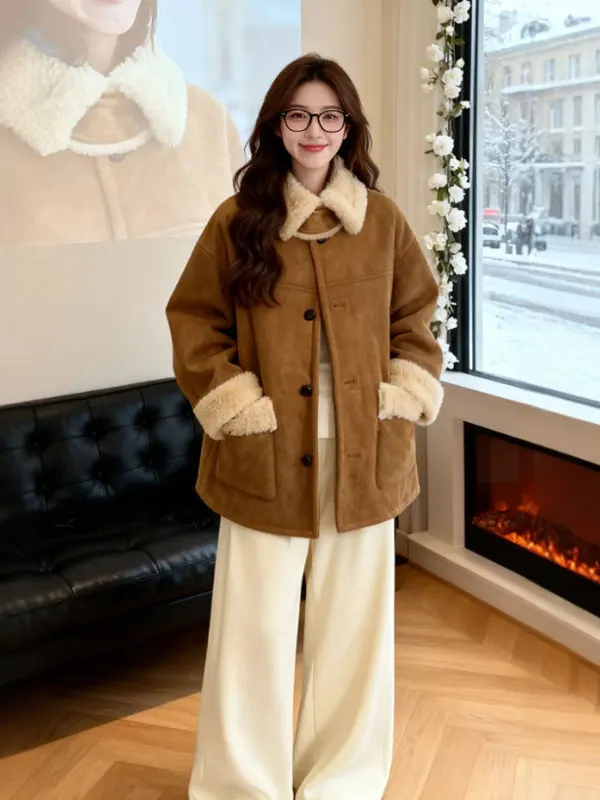 Retro Faion ort Fur Leather Coat Stand Collar Inteated Design ular Winter Outerwear for Women Travel Office Outdoor ...