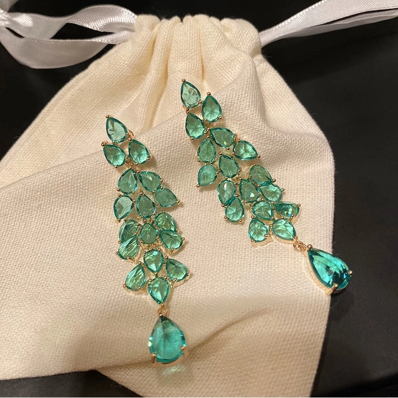 925 Silver Needle Personality Long Green Rhinestone Water Drop Dangle Earrings Women\'s Elegant Temperament Jewelry Accessories