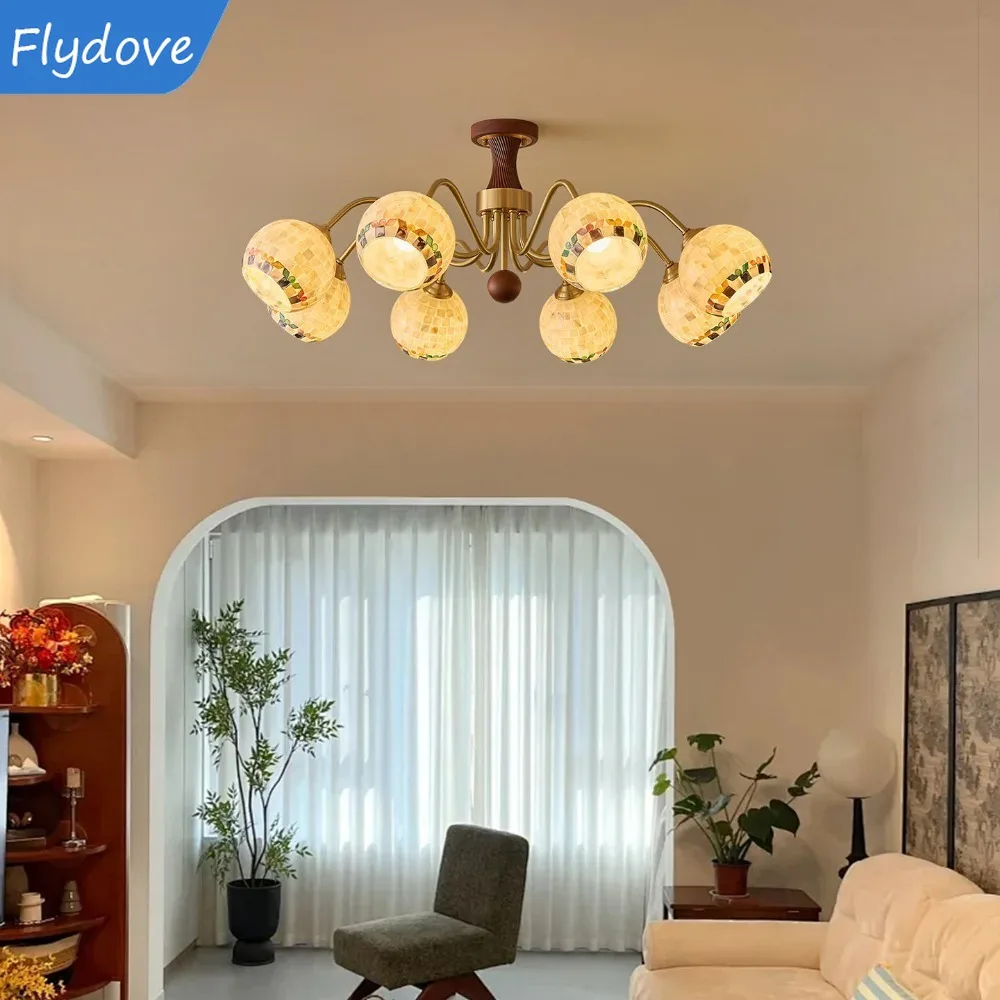 Advanced Handmade Shell Chandelier Antique Living Room Main Light French Retro Walnut Brass Bedroom Dining Light