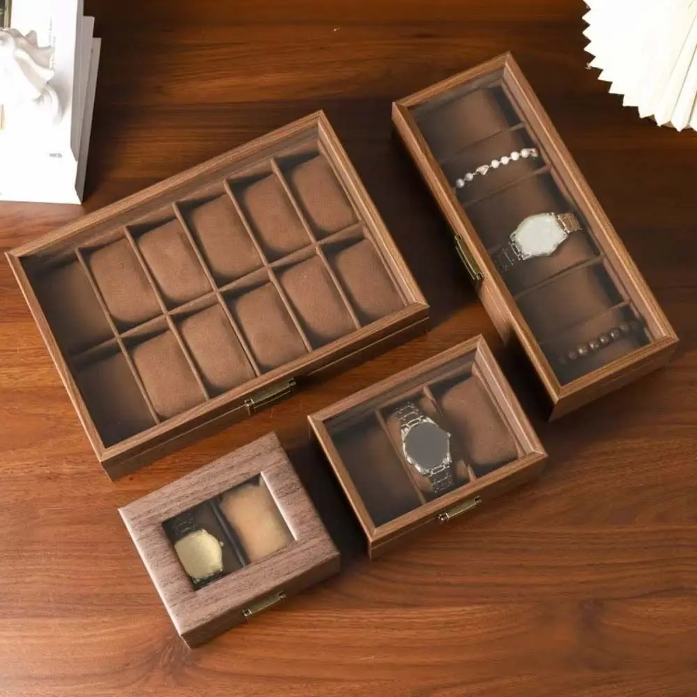 1/2/3/6/10/12 Slots Watch Storage Box Soft Watch Pillow Transparent Glass Wooden Watch Box Walnut Wood Retro Watch Display Box
