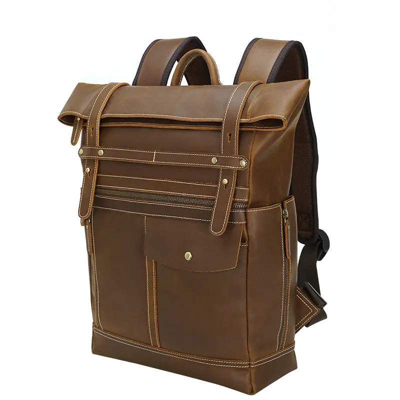 New Brown Vintage Genuine Crazy Horse Leather Laptop Bag 15.6' Laptop Men Backpack Cowhide Male Travel Bag 3724