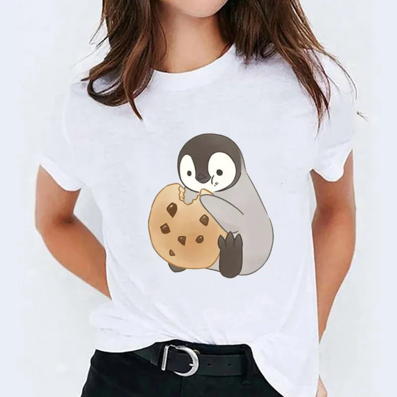 Kawaii Penguin Cookies t-shirts Cartoon Women\'s Tshirt Graphic T-shirts Ladies Youth Short Sleeve Cute T-shirts Female