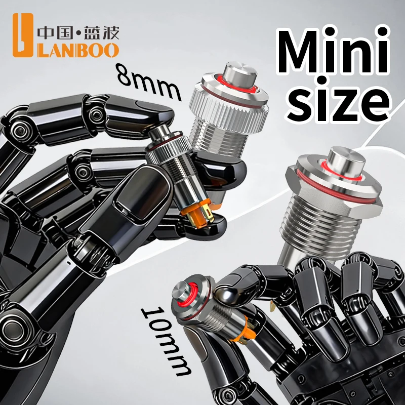 LANBOO 8mm 10mm Mini Metal Illuminated Push Button Switch Latching Momentary High Head 1NO 5-24V