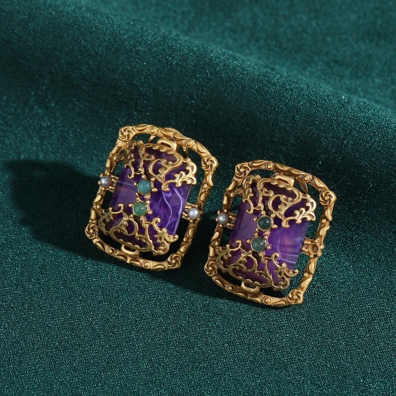 European and American Popular Vintage Earrings Stud Palace Style Rectangular Purple Natural Stone Cooper Jewelry Luxury Women