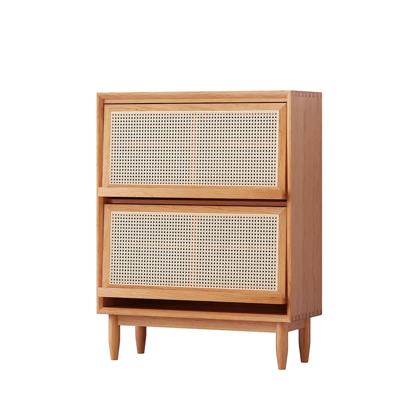 Nordic solid wood bookcase small apartment magazine cabinet modern living room multi-functional side cabinet free rattan storage